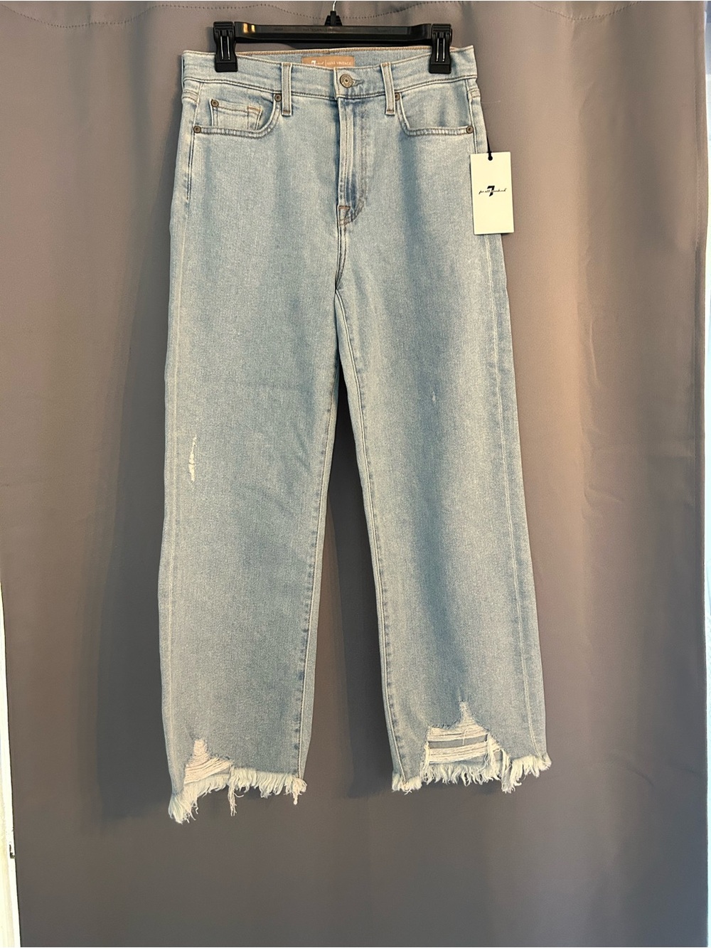 7 For All Mankind Light Blue High-Rise Straight Jeans with Distressed Raw Hem